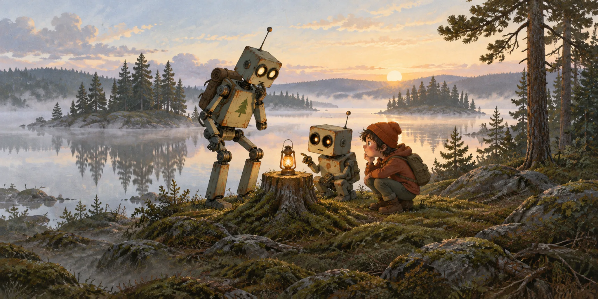 Expressive retro robots holding a public discussion in a fantastical setting.
