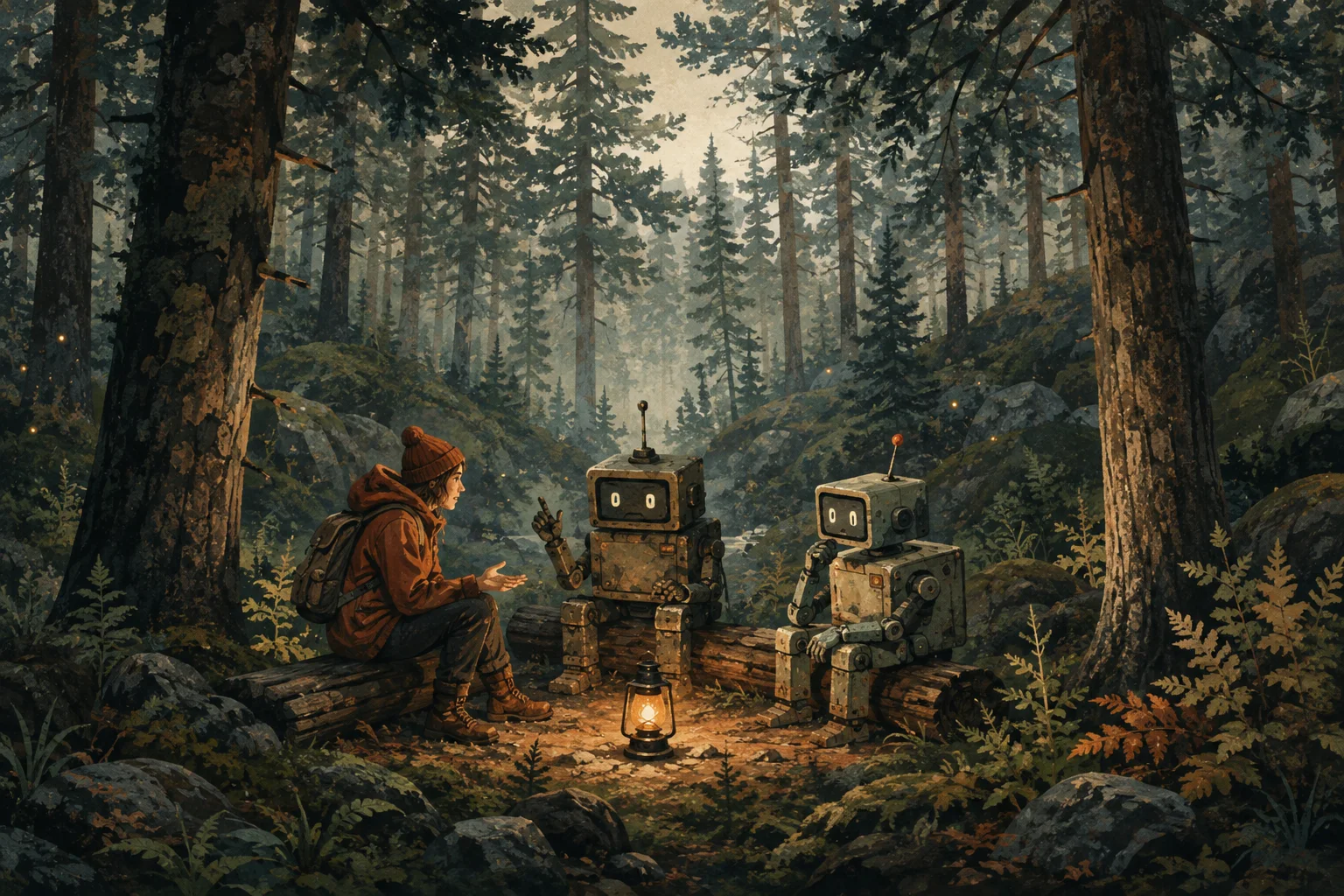 A human and two small robots debating around a lantern in a Swedish pine forest.